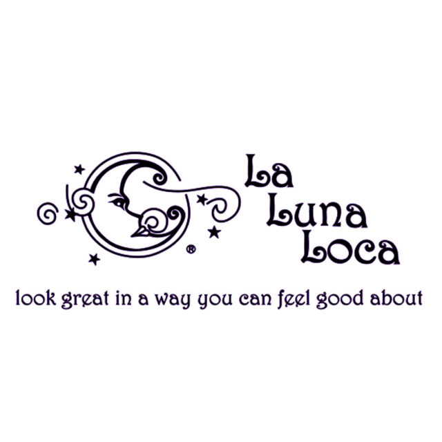 Whimsical purple moon drawing on white background with La Luna Loca to the right and Look great in a way you can feel good about underneath in purple text